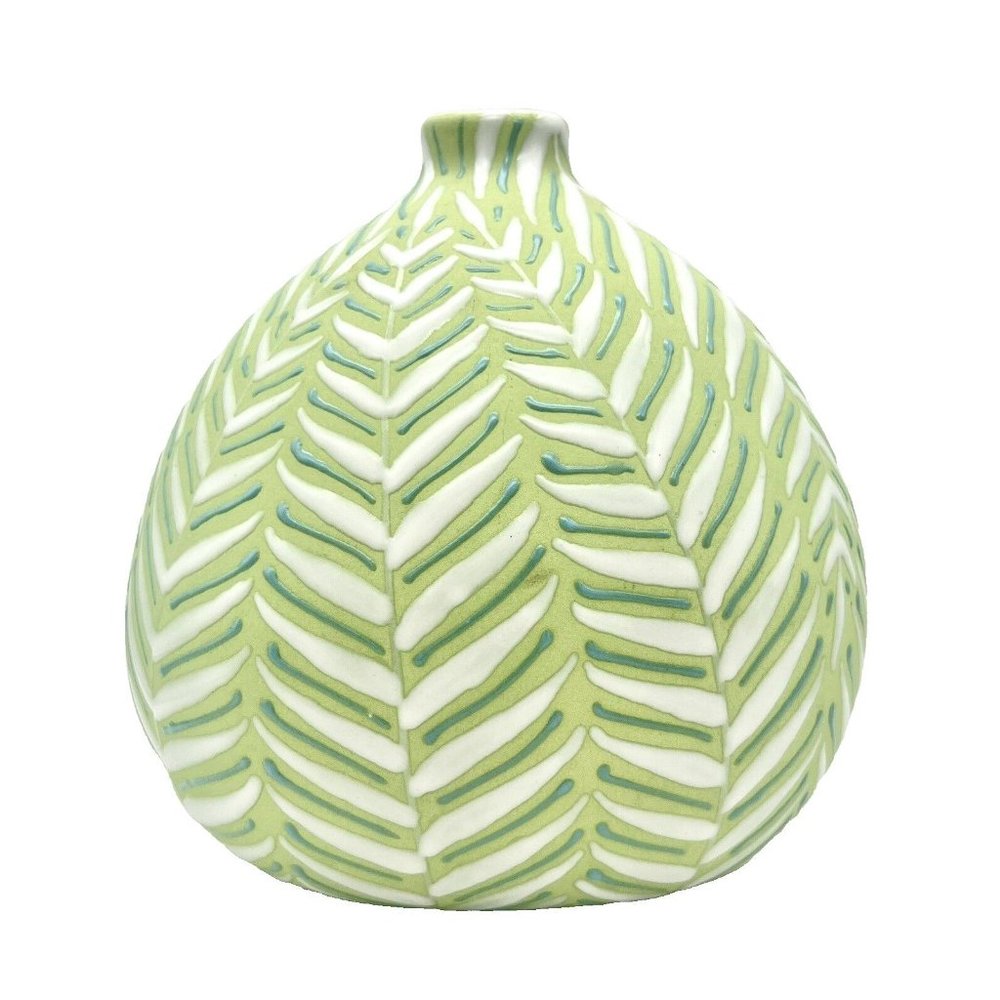 Crate and Barrel Leaf Vase Green and White with Enamel Fern Leaves Botanical - Picture 2 of 8